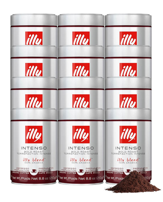 Illy Ground Espresso Coffee, Intenso Bold Roast - Bold & Flavorful - 100% Arabica - Pre-Ground for Espresso - Pressurized Packaging Sealed for Freshness - 8.8oz - (Pack of 12)