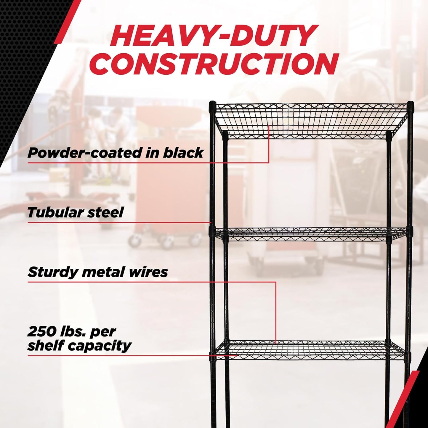 Champ® 4-Tier Mobile Wire Shelving Unit - Heavy-Duty Adjustable Storage Rack, 250 lb Capacity Per Shelf, Powder-Coated Steel Organizer with Wheels for Garages and Home