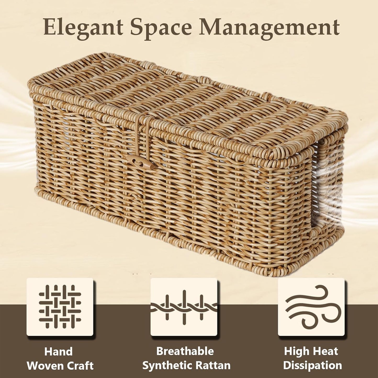 BROWNLILY Cable Management Box, Rattan Style Cord Organizer for Desk Cord Hider Outlet Covers Baby Proofing for Power Strip TV PC Router Charger Under Desk Storage - Natural Small