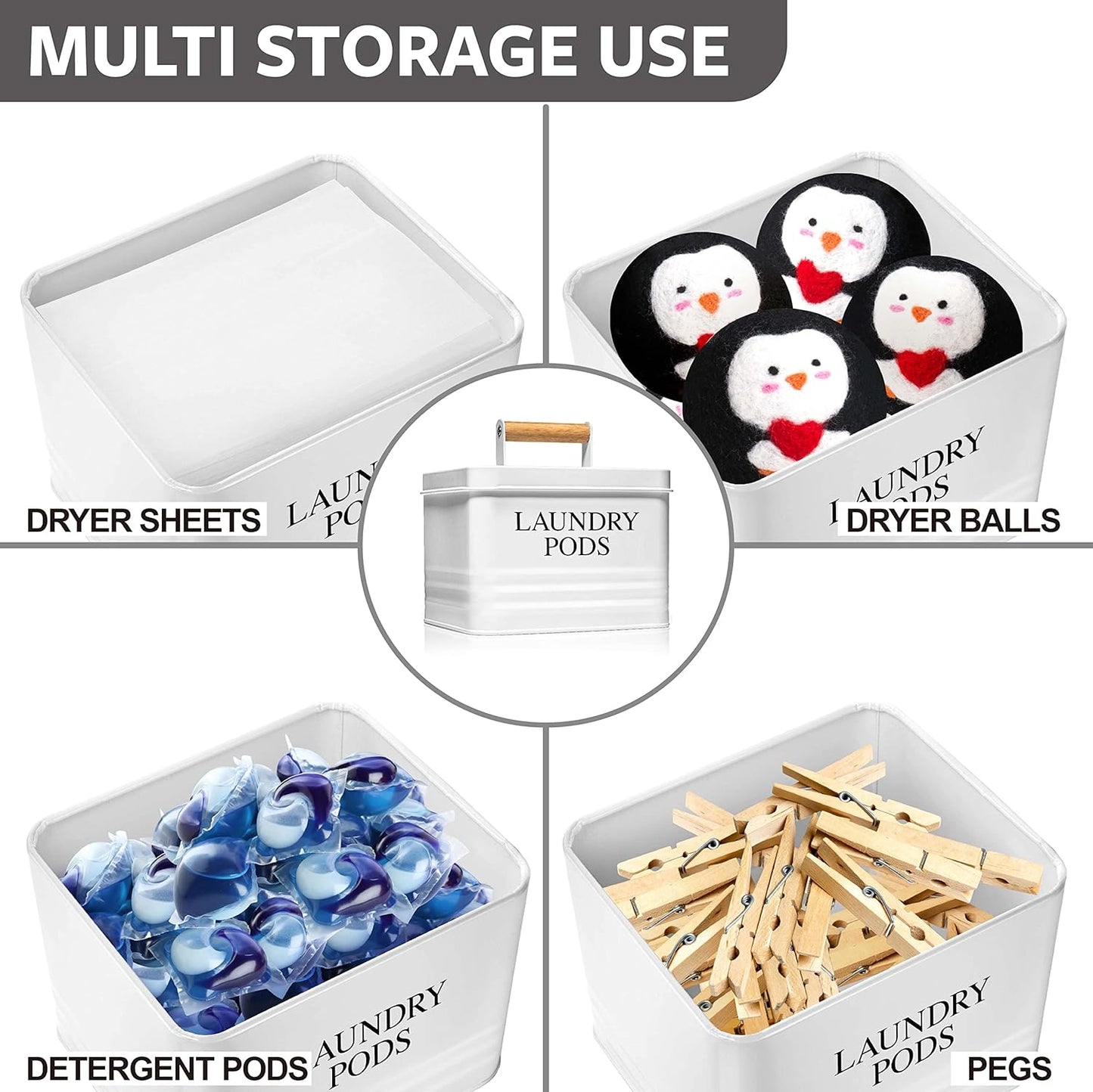 Calindiana Modern Farmhouse Metal Laundry Pods Holder Container with Lid for Laundry Room Decor and Accessories and Space Saving Organization and Storage, Holds 81 Laundry Pods, White