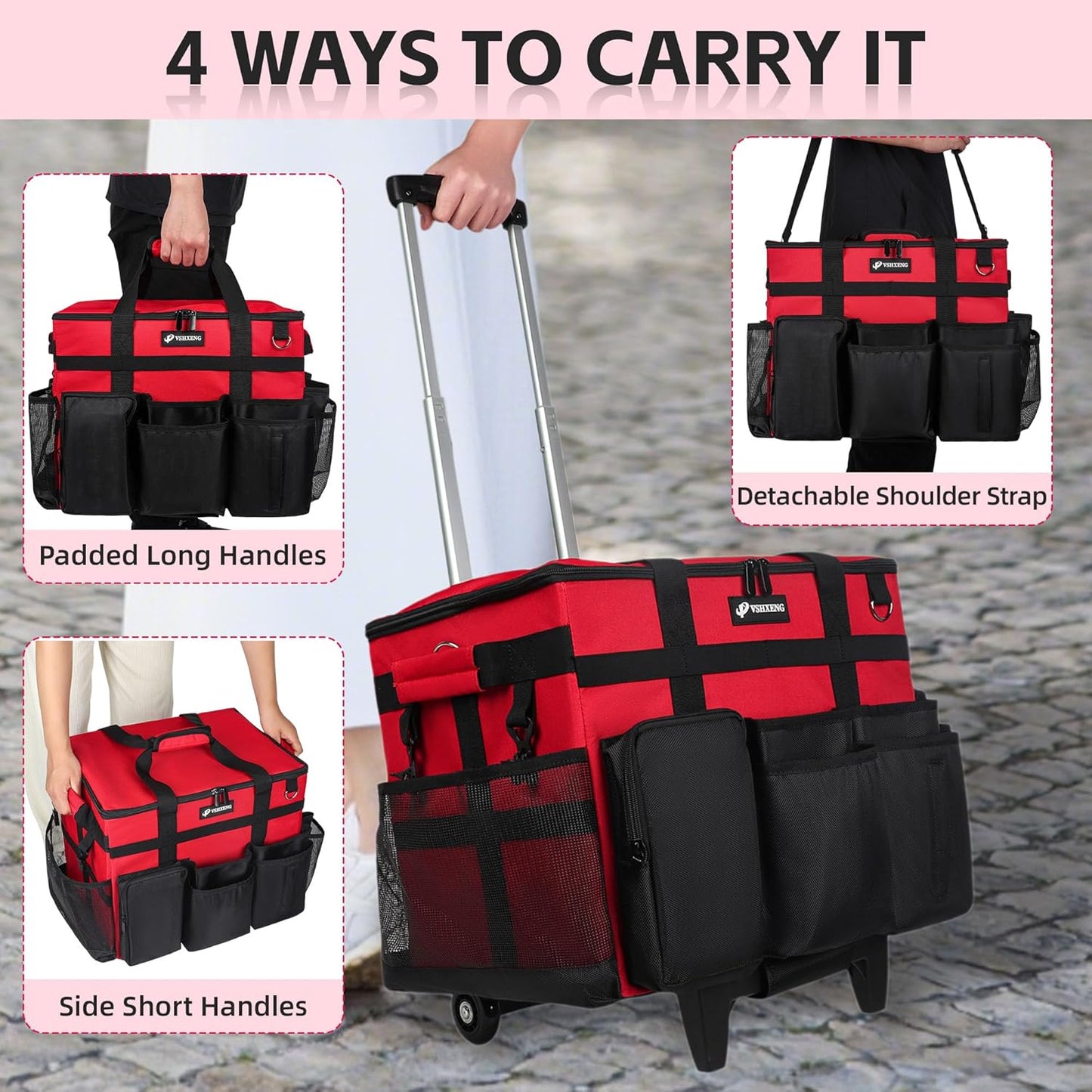 Rolling Cleaning Caddy Bag with Wheels, Large Cleaning Cart Detachable Trolley, Cleaning Bags for Housekeepers With Shoulder Strap & Multi Pockets for Cleaning Tools Storage (Red)