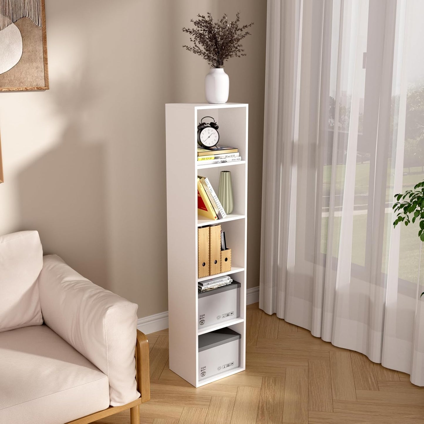 Wooden 5 Cube Storage Organizer, 5 Tier Storage Cubes Storage Display Cubby, 52 Inch Tall Versatile Cubes Shelf and Cubby Organizer for Any Space (White, 5 Cube-W(11.8inch)