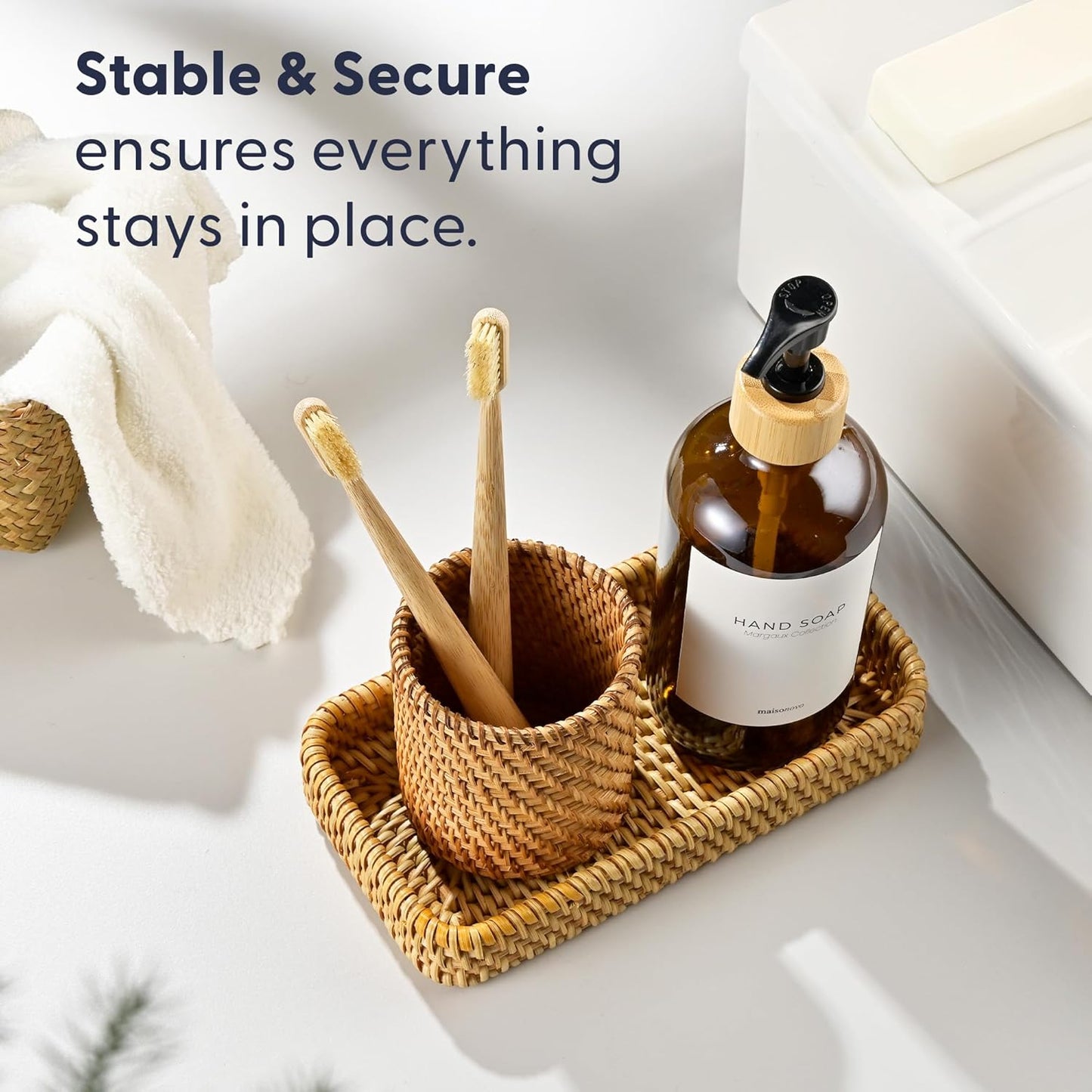 MaisoNovo Rattan Bathroom Set - Amber Countertop Dispenser, Toothbrush Holder & Toothpaste Cup with Tray - Set of 3 - Rattan Bathroom Vanity Trays Rectangle for Storage