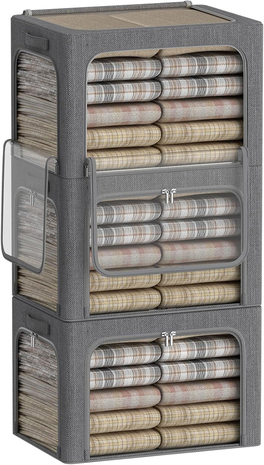 3 Openings Clothes Storage Bins Box - 3Pack Stackable Foldable Storage Bin - Metal Frame Storage Box Clothing Storage Organizer with Clear Window, Carry Handles (Drak Grey, 100L-23.6x16.5x15.7in)