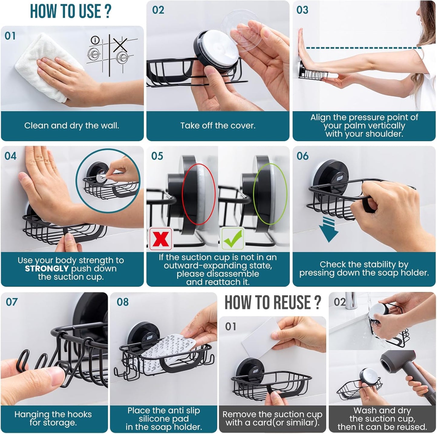 TAILI Bar Soap Holder Suction Cup with Hooks and Silicone Soap Saver Pad for Bath Shower Wall, Shampoo Caddy for Bathroom, Tub, Kitchen, Rustproof Stainless Steel Sponge Holder, Black