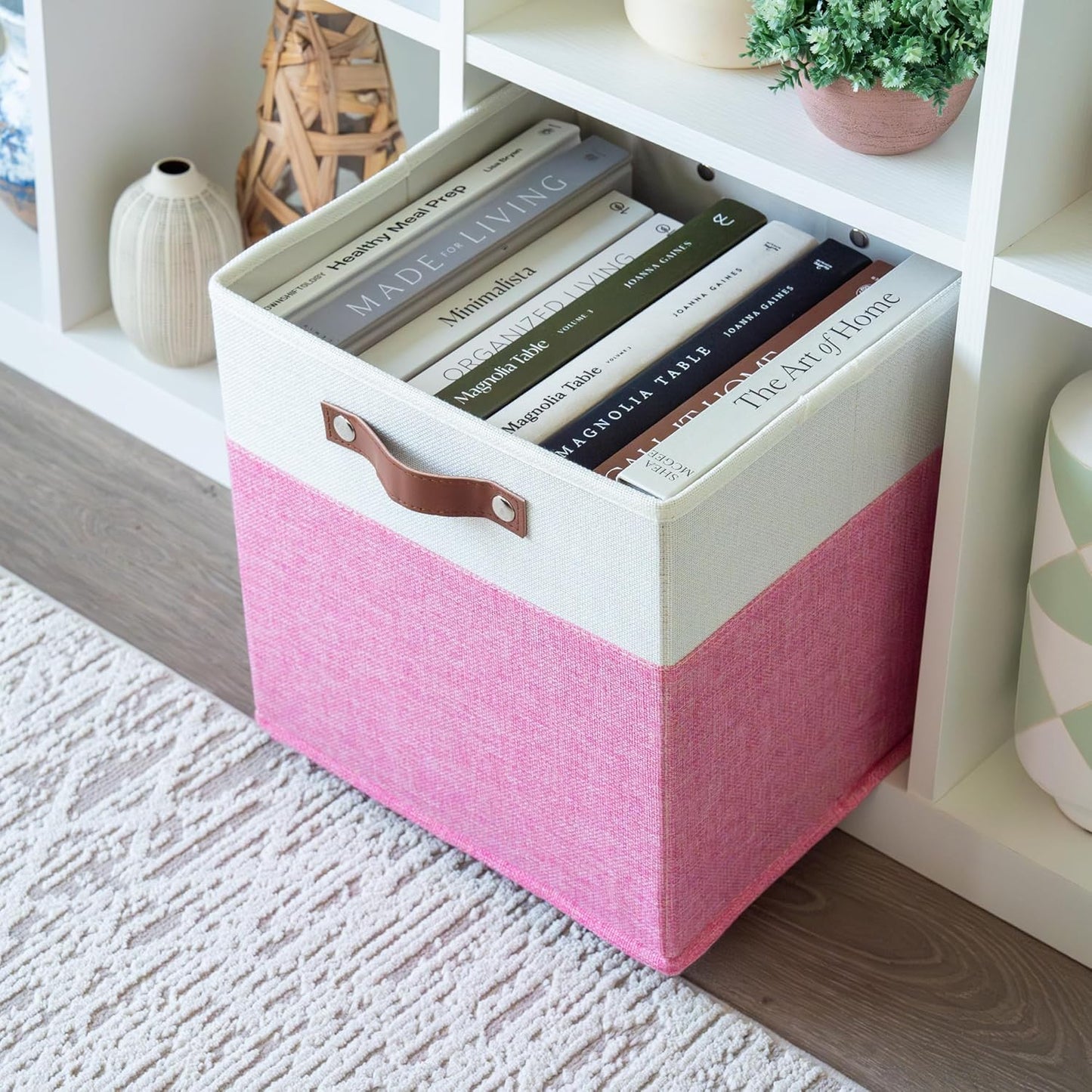 OrganiHaus 12" x 12" x 12" Fabric Cube Storage Bins - Set of 4, Cube Fabric Organizer Bins with Vegan Handles, Kallax Storage Cubes, 12 Inch Cubic Baskets for Shelves - Pink/White