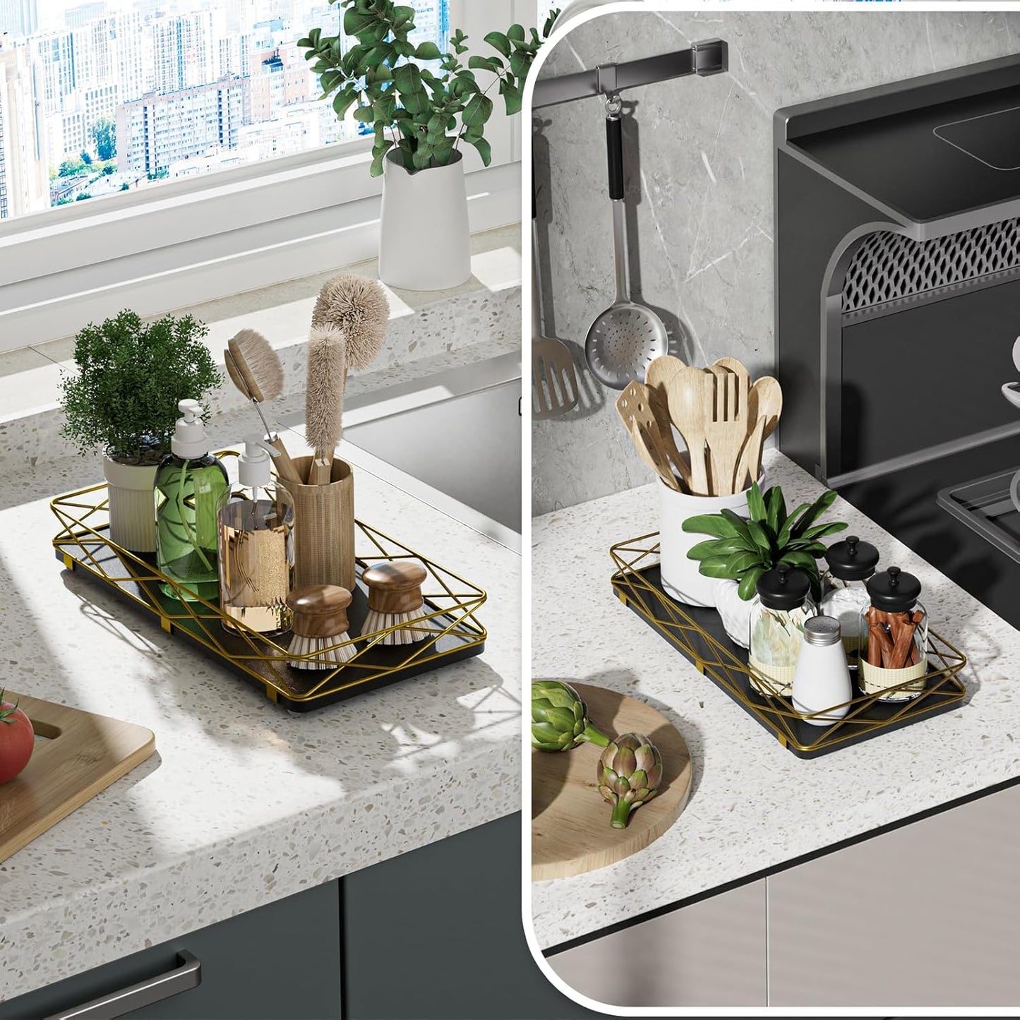 Toilet Paper Basket Holder, 13" Bathroom Tray Countertop, Wood and Metal Toilet Tank Tray Bathroom Vanity Organizer for Toiletry, Kitchen Sink Organizer for Soap Dispenser (Black + Gold)