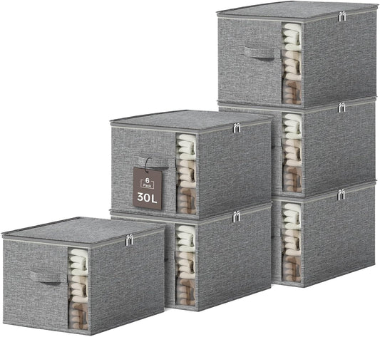 Clothes Storage Bins with Sturdy Frames, Foldable Fabric Clothing Organizer Box for Moving, Sweater Storage Cube with Lids and Zipper, Linen Closet Storage Bags for Blankets, Clothes, Sheet