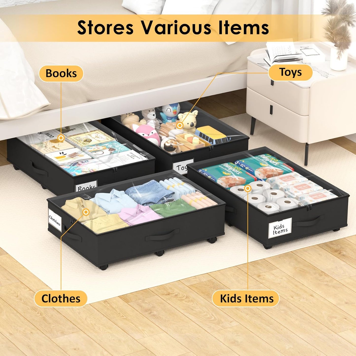 Under Bed Storage with Wheels, 2-Pack Under Bed Storage Containers with Clear Lid and Handles, Rolling Underbed Storage Drawers Organizer for Clothes,Shoes,Toys, Books (Black)