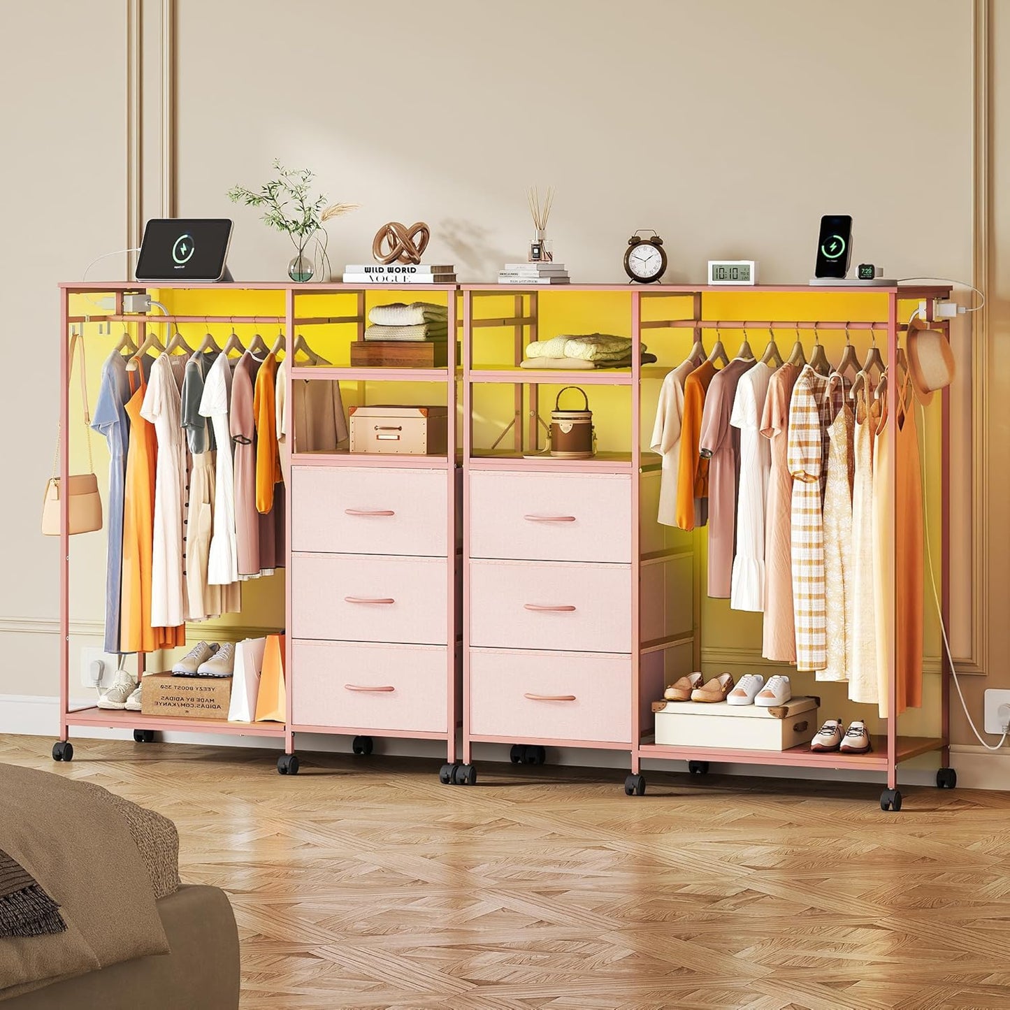 WLIVE 42''W Pink Dresser for Bedroom with Hanging Rack, 3 Drawer Dresser with LED Lights & Charging Station, Fabric Dressers & Chest of Drawers, Storage Organizer with Open Shelves for Living Room