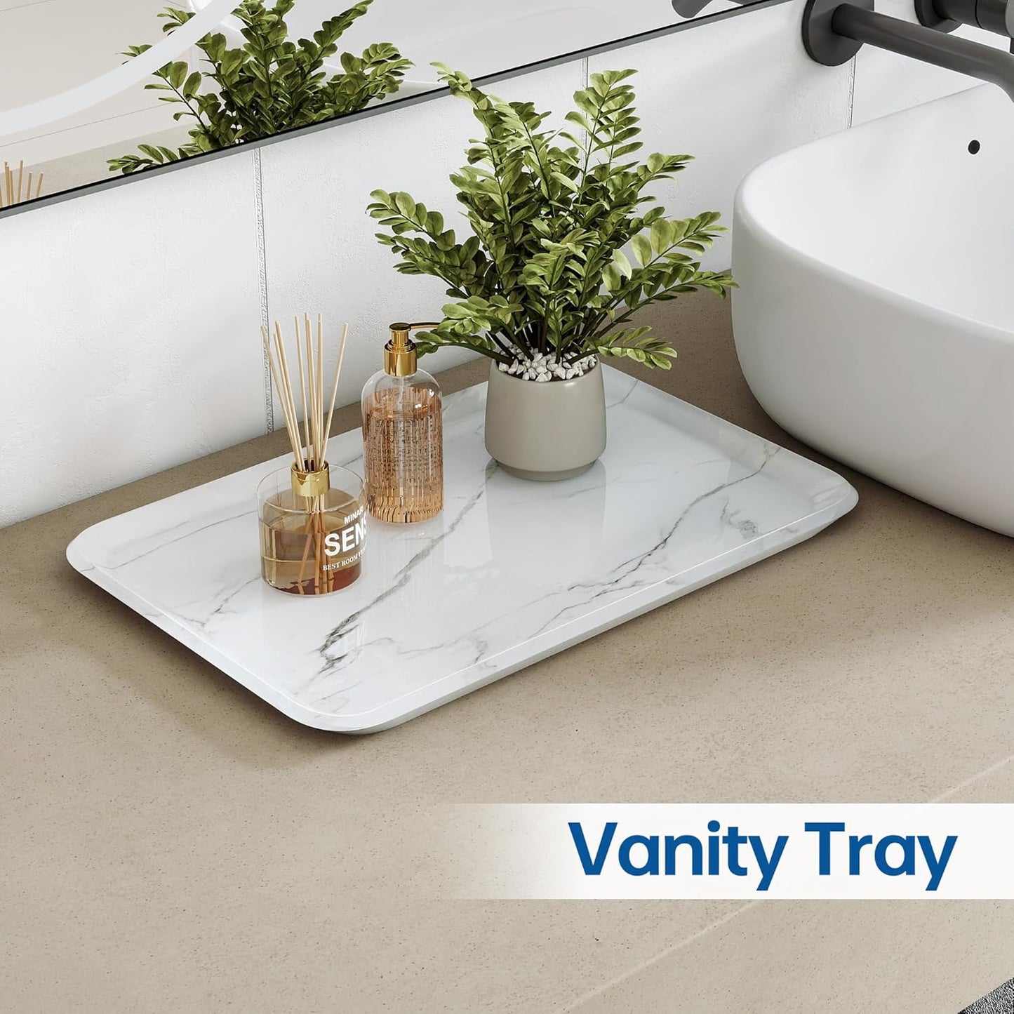 Vanity Decorative Glass Tray,12" x 8" White Marble Pattern Perfume Tray, Bathroom Tray Countertop Organizer for Soap Towel, Jewelry, Candle