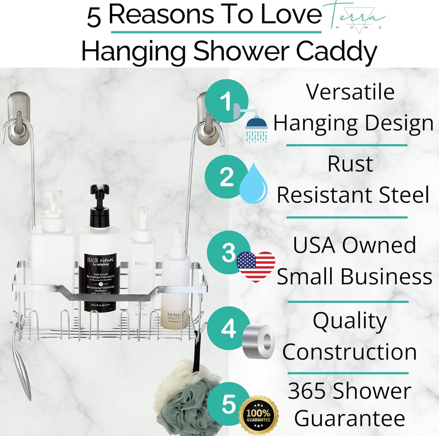 Small Shower Caddy Hanging - Shower Door Caddy Hanging with Rotatable Hooks and Adhesive Mount - Perfect for Bathroom Toiletries - Spacious & Convenient Bathroom Storage Solution 304 Stainless Steel