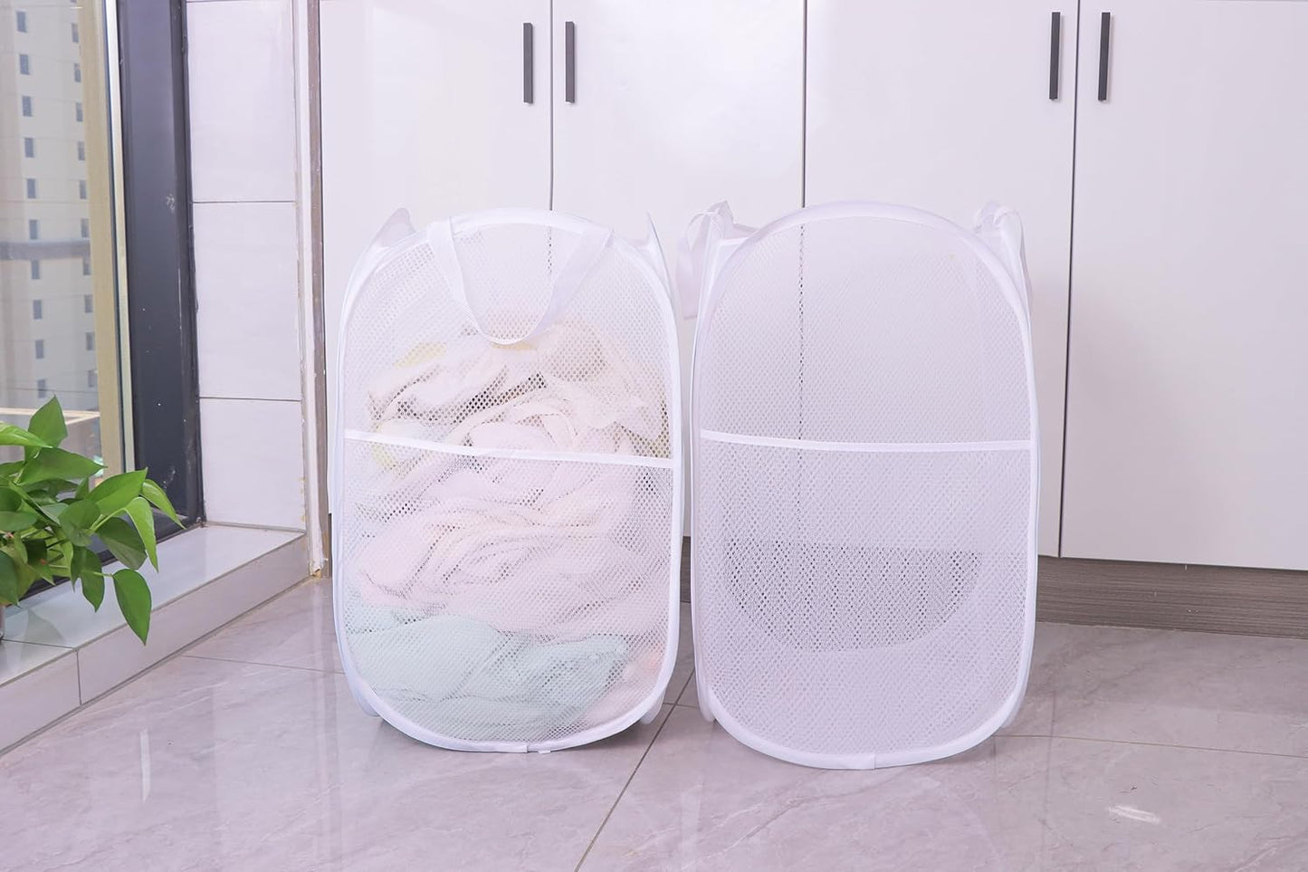 Foldable Mesh Popup Laundry Hamper,Laundry Basket Easy to Open and Fold for Dorm,Travel, College Dorms, and More (2 white)