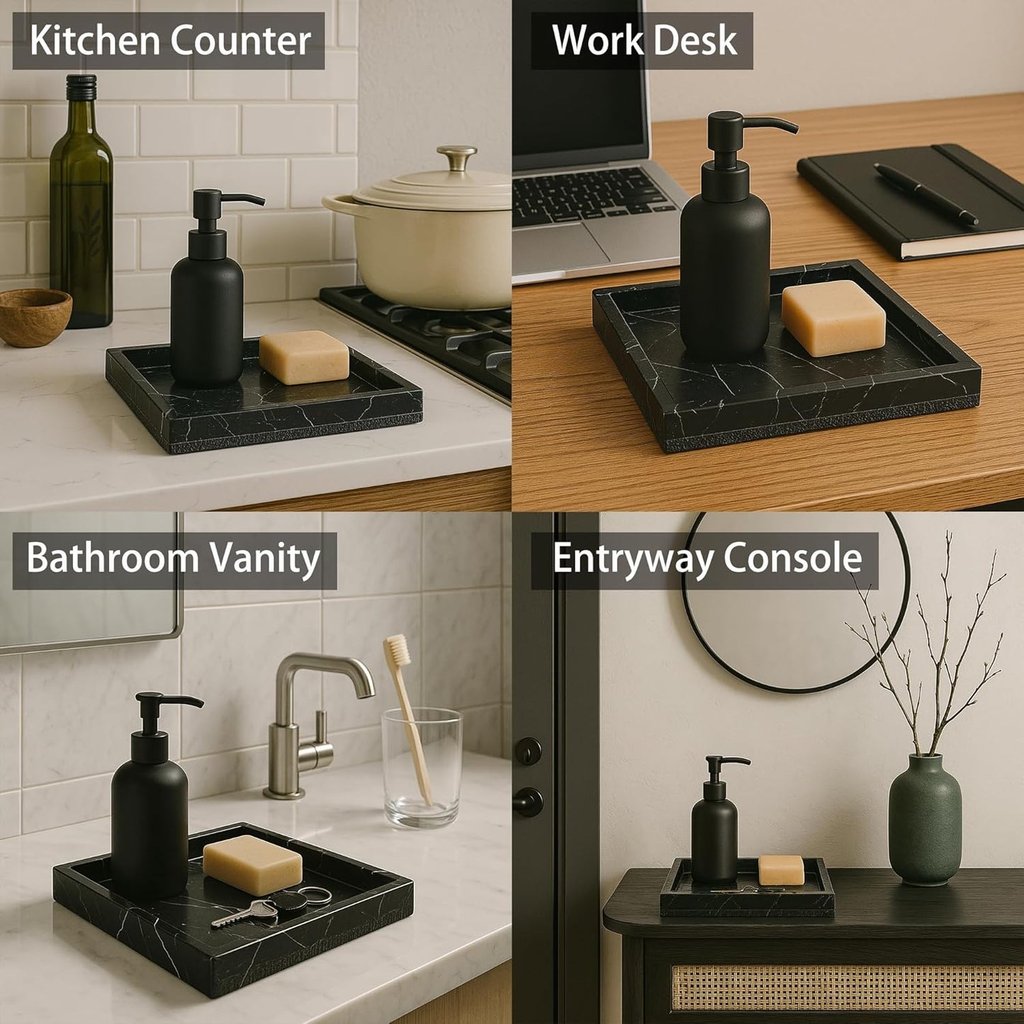 Square Natural Marble Vanity Tray: Luxury 8x8 Polished Organizer for Bathroom Kitchen Dresser Makeup Jewelry Coffee Table Home Decor, Black