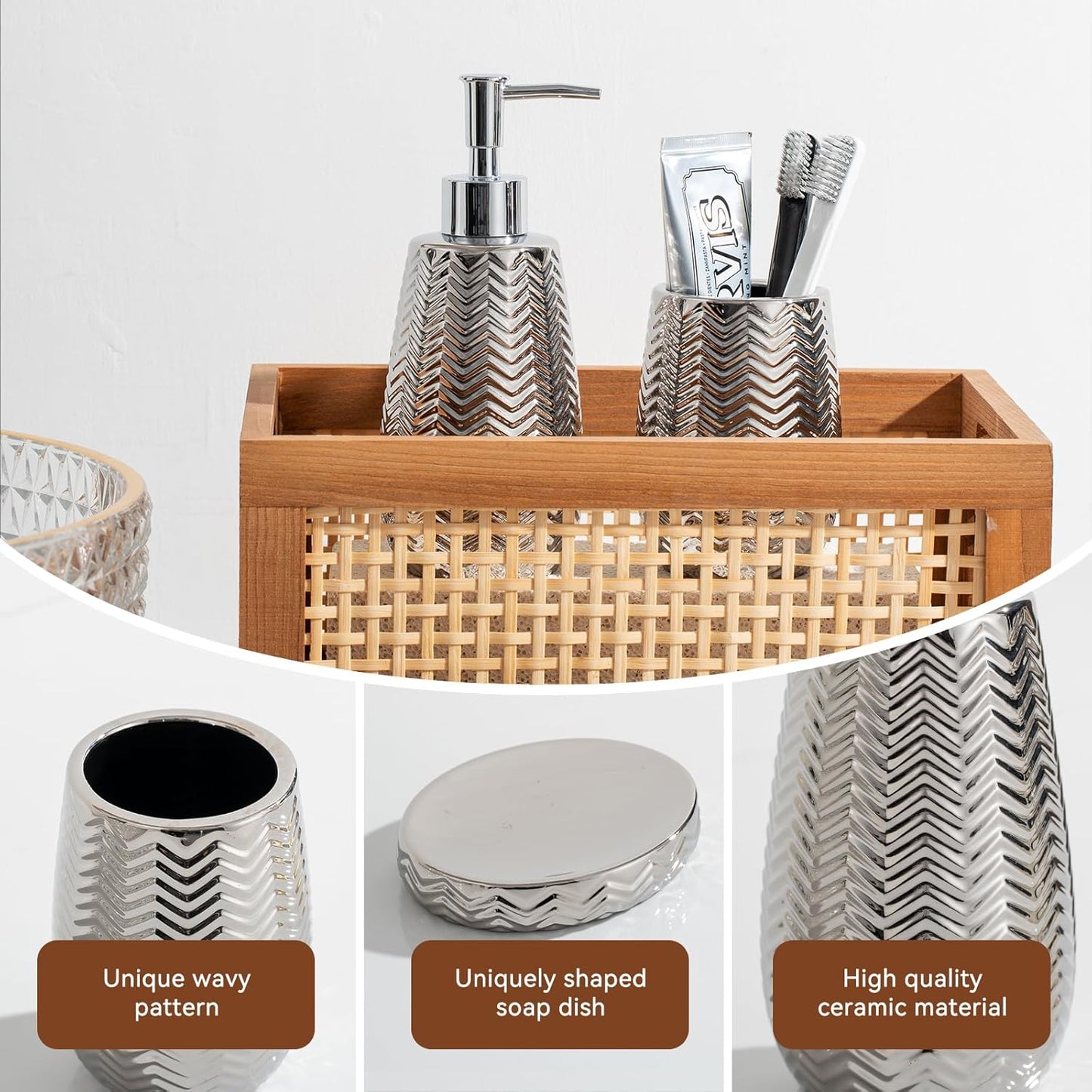 Silver Bathroom Accessories Set 3 Piece, Soap Dispenser, Toothbrush Holder and Soap Dish, Wave Design Stylish Elegant Ceramic Bathroom Decor