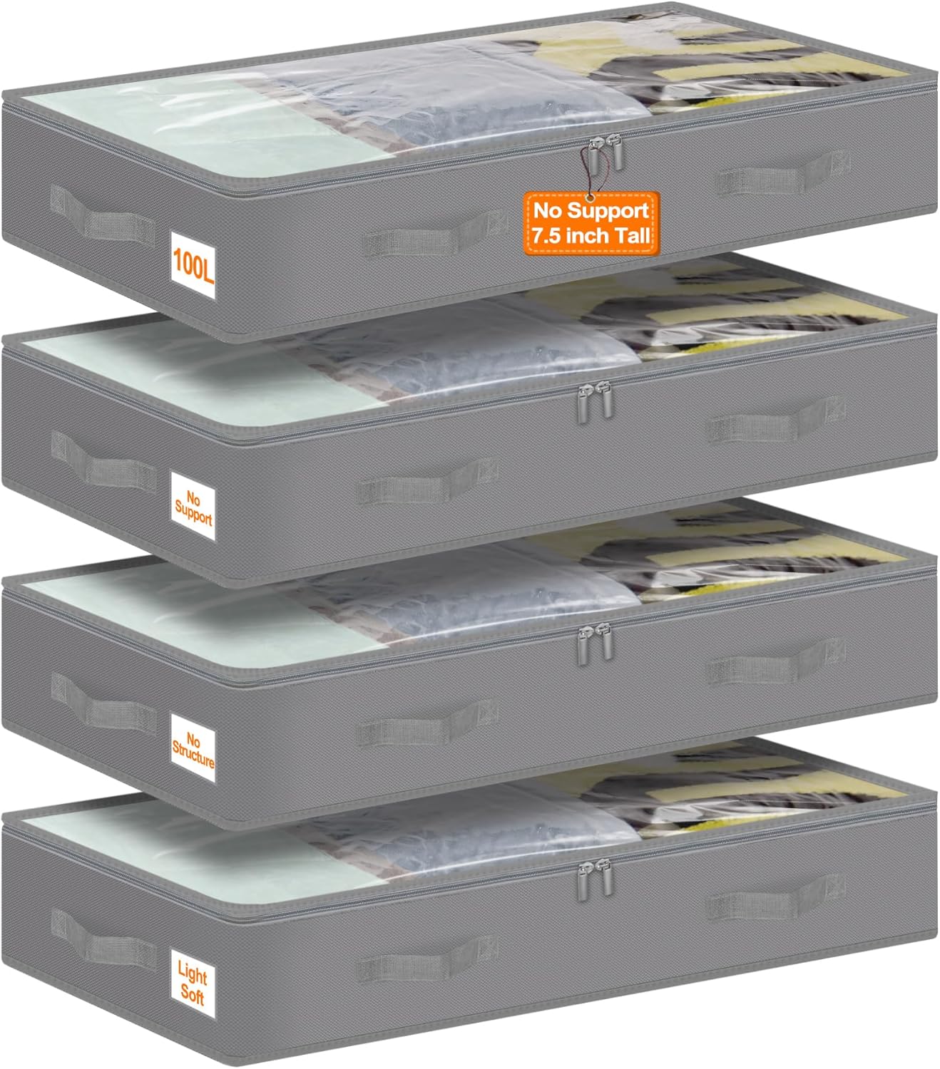 punemi Under Bed Storage Containers, 4 Pack Large Soft Foldable Storage Bags with Clear Top for Blankets, Comforters, Sheets, Wrapping Paper, Water-Resistant Inner Layer, 20x40x7.5 in, Gray