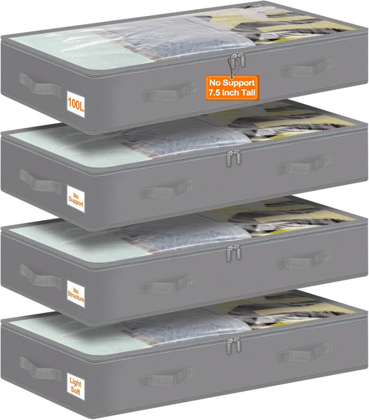 punemi Under Bed Storage Containers, 4 Pack Large Soft Foldable Storage Bags with Clear Top for Blankets, Comforters, Sheets, Wrapping Paper, Water-Resistant Inner Layer, 20x40x7.5 in, Gray