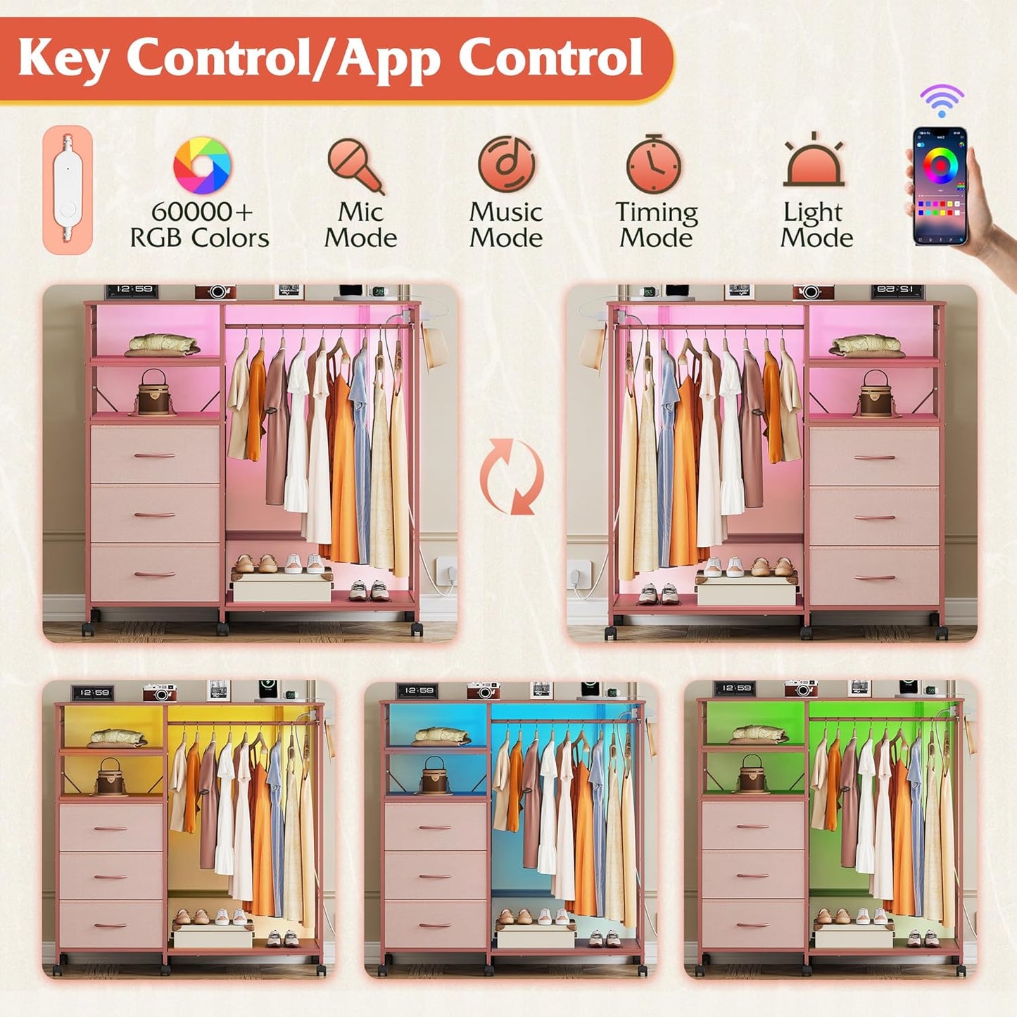 WLIVE 42''W Pink Dresser for Bedroom with Hanging Rack, 3 Drawer Dresser with LED Lights & Charging Station, Fabric Dressers & Chest of Drawers, Storage Organizer with Open Shelves for Living Room