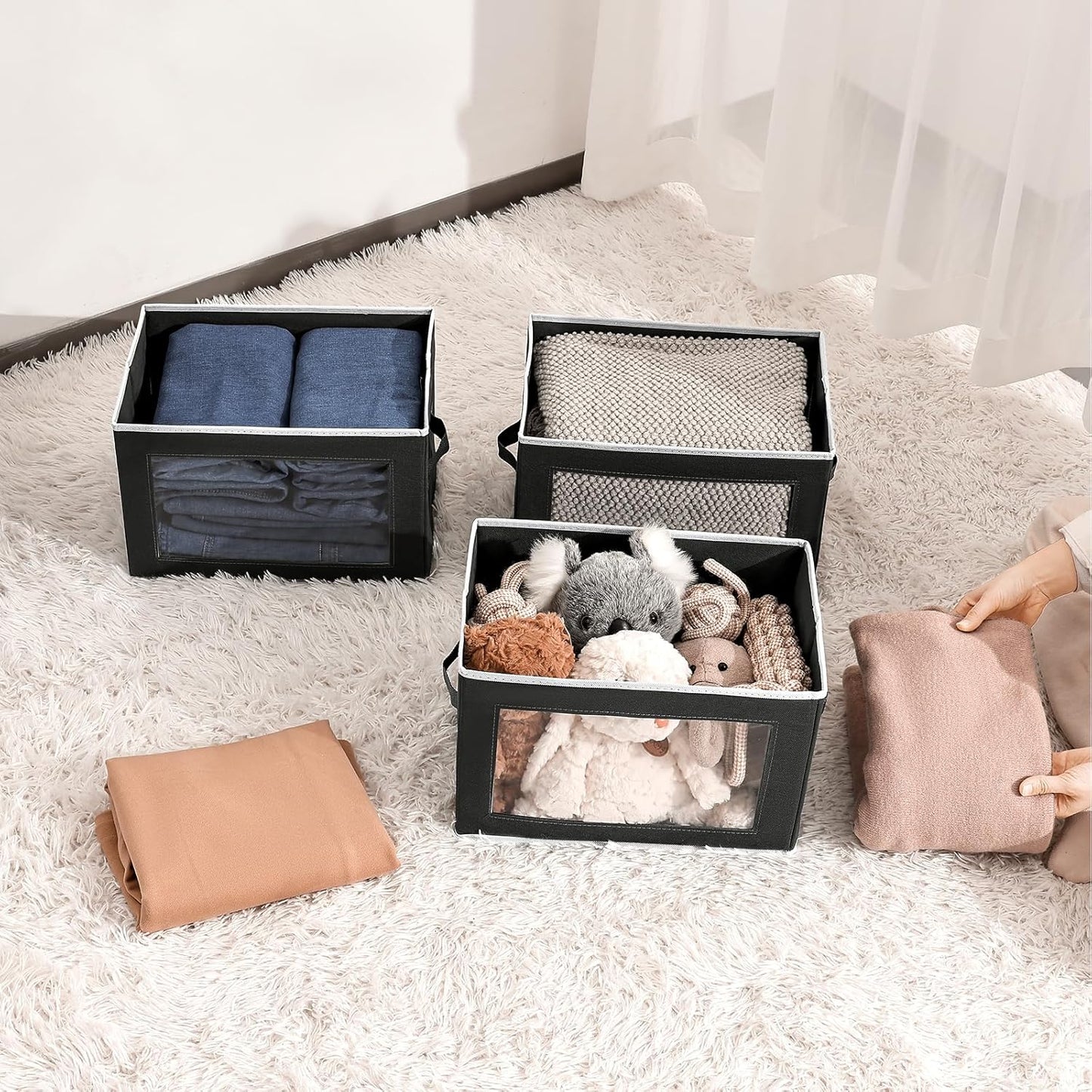 Storage Boxes with Lids, Collapsible Storage Bins with Handles, Closet Storage Baskets with Window, Fabric Storage Containers for Organizing Clothes, Towels, Books, 3 Packs, Black