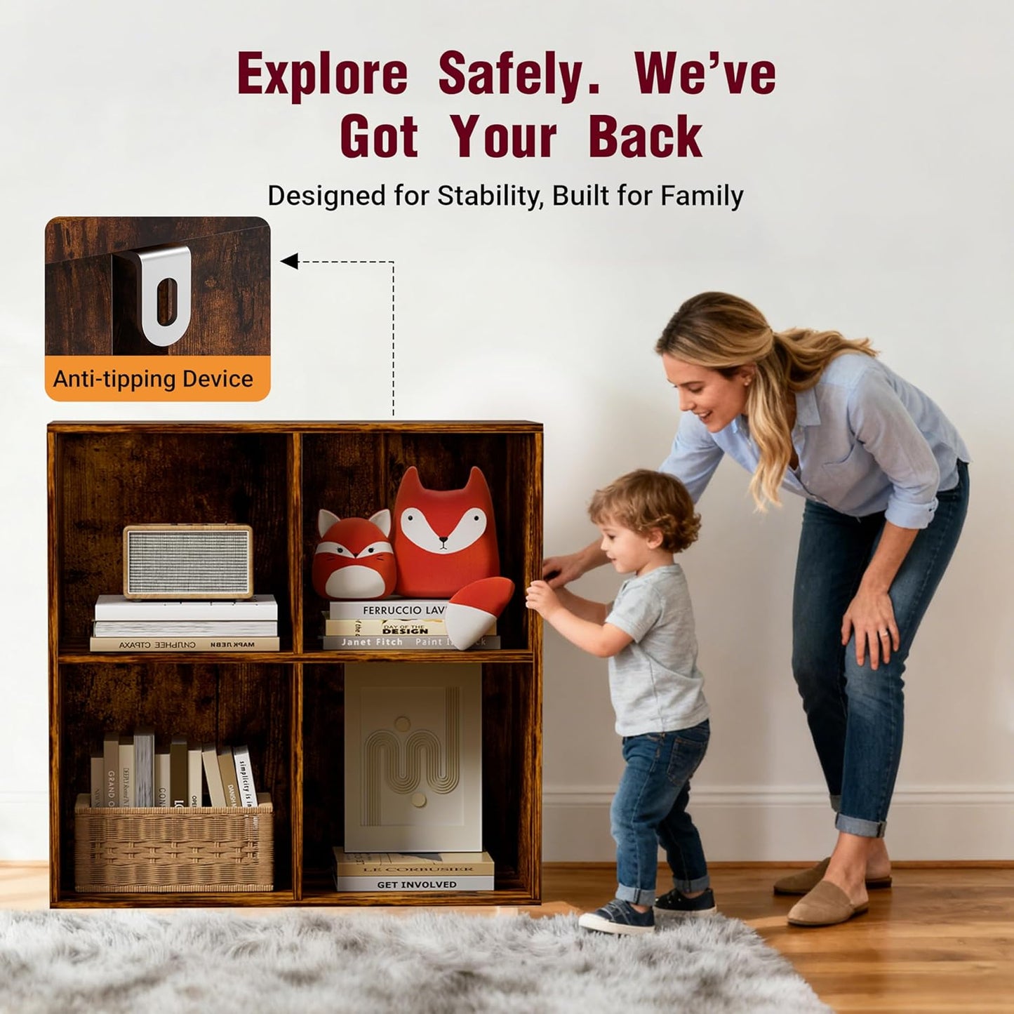 Book Shelf, Wooden Cube Storage Organizer with 11" Open Cubes, Stackable Bookcase for Room Divider Storage, Bookshelf for Living Room, Bedroom, Office (Indonesian Antique Oak, 6-Cube)