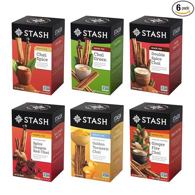 Stash Tea Chai Tea Variety Pack Sampler Assortment - Caffeinated, Non-GMO Project Verified Premium Tea with No Artificial Ingredients, 18-20 Count (Pack of 6)