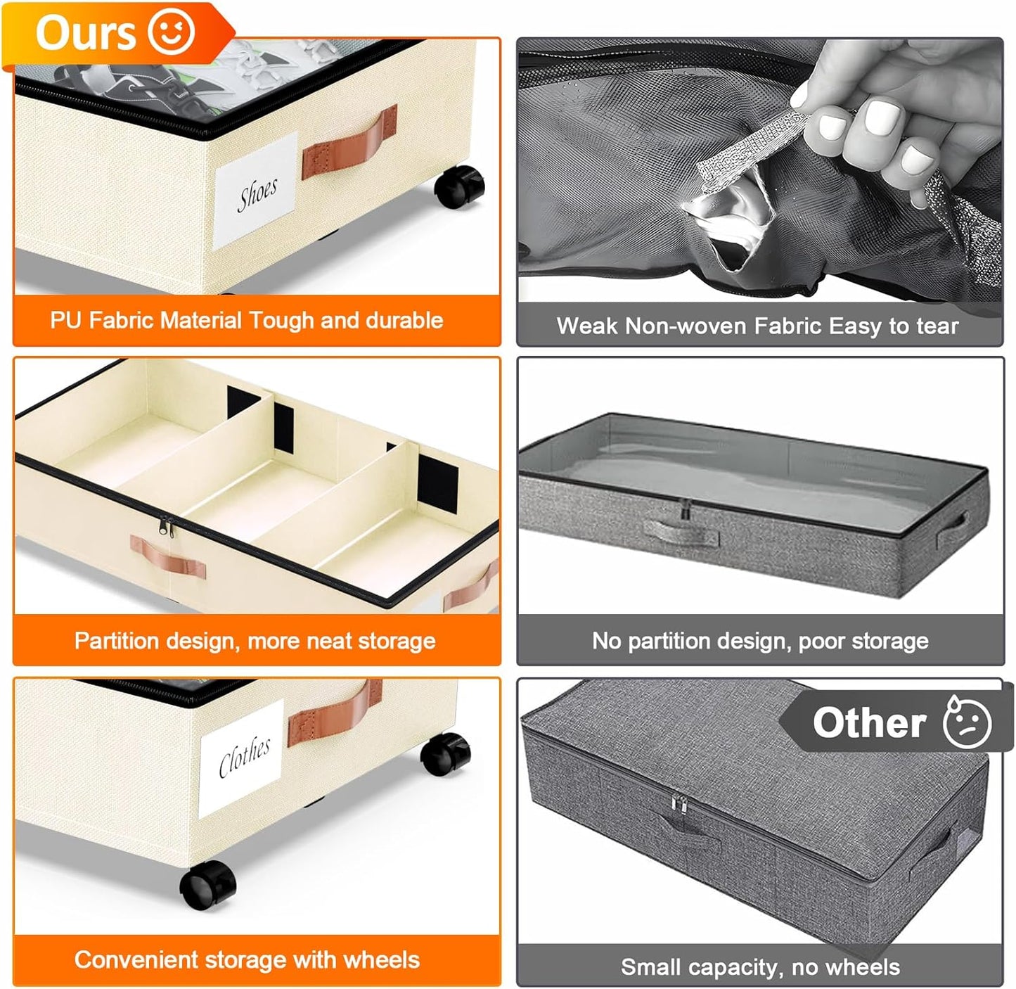 Under Bed Storage with Wheels, 2 Pack Under Bed Storage Containers with Dividers & Clear Lids, Under the bed storage Organizer Bins,Underbed Storage with Wheels for Clothes,Toys,Shoes (White, 2 Pack)