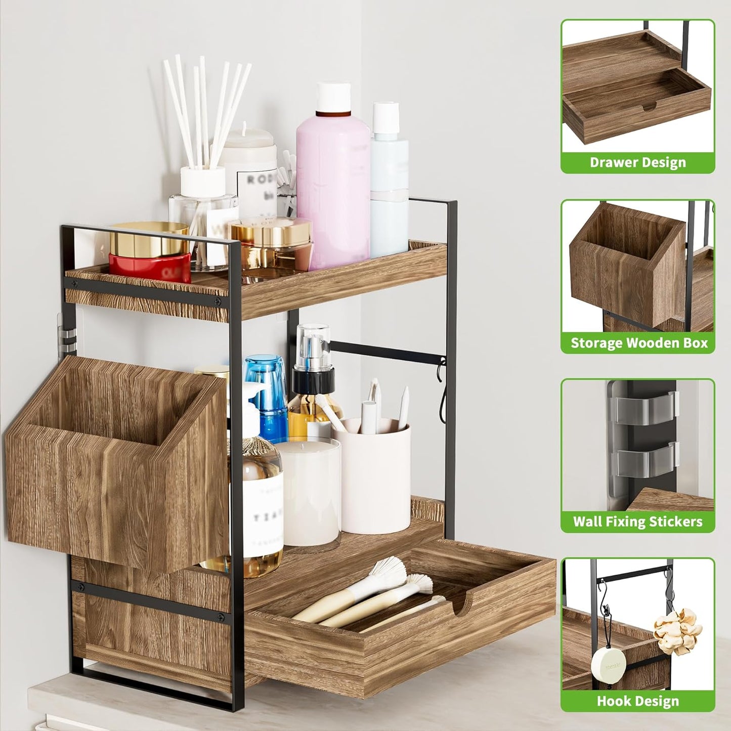 2-Tier Bathroom Counter Organizer with Drawer and Basket, Wood Countertop Organizer for Storage, Skincare Organizers for Vanity, Counter Shelf for Bathroom Organization(Dark Brown)