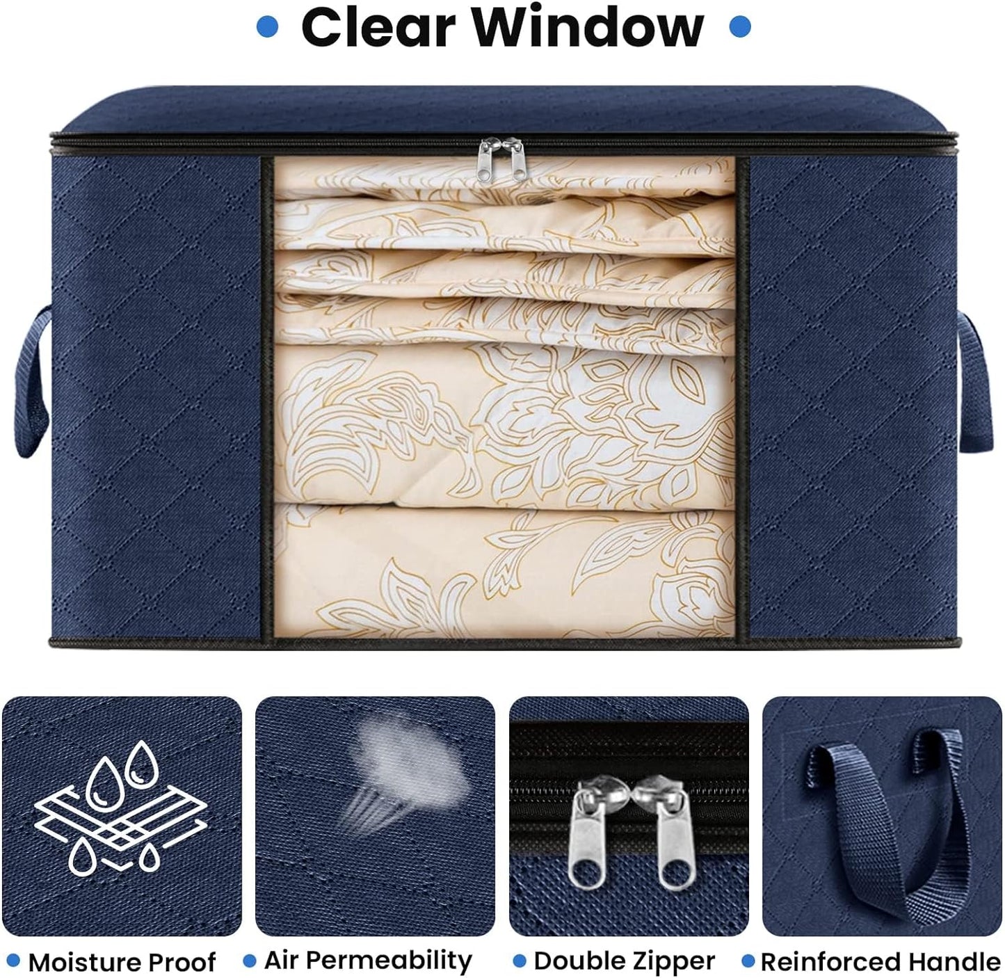 Fab totes Storage Bags,Clothes Blanket Storage Bins Foldable Closet Organizers with Reinforced Handle for Home Dorm Storage and Organization,Fabric Bags for Organizing Sheets,Clothing (Blue,3 Pack)