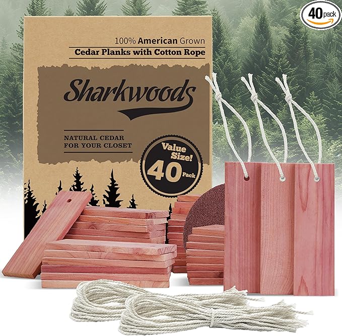 Cedar Blocks for Clothes Storage - 40 Pack Red Cedar Planks, 100% Natural Aromatic Cedarwood with Cotton Rope and Sandpaper for Closets & Drawers Freshener