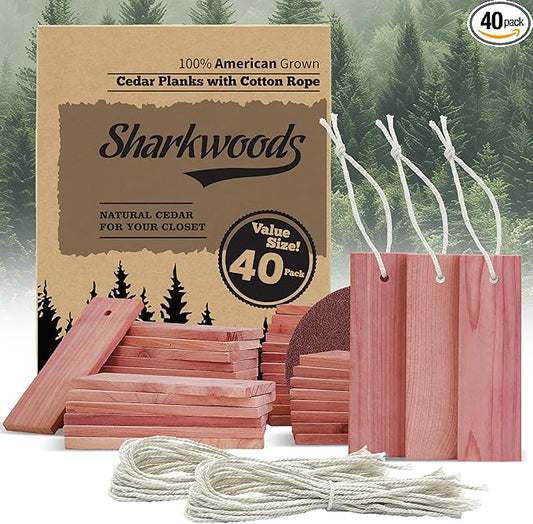 Cedar Blocks for Clothes Storage - 40 Pack Red Cedar Planks, 100% Natural Aromatic Cedarwood with Cotton Rope and Sandpaper for Closets & Drawers Freshener