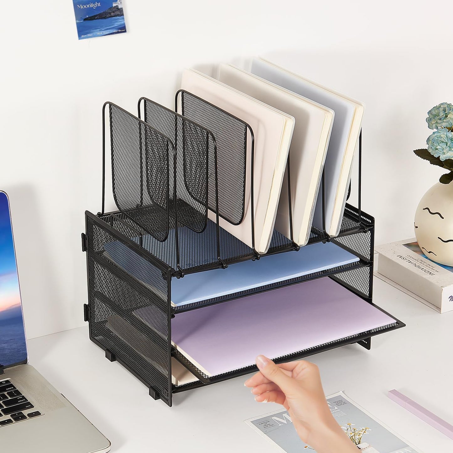 Desk Organizers and Accessories, 3-Tier Paper Organizer with 5 Vertical File Holders, File Folder Organizer (Black, 3T)