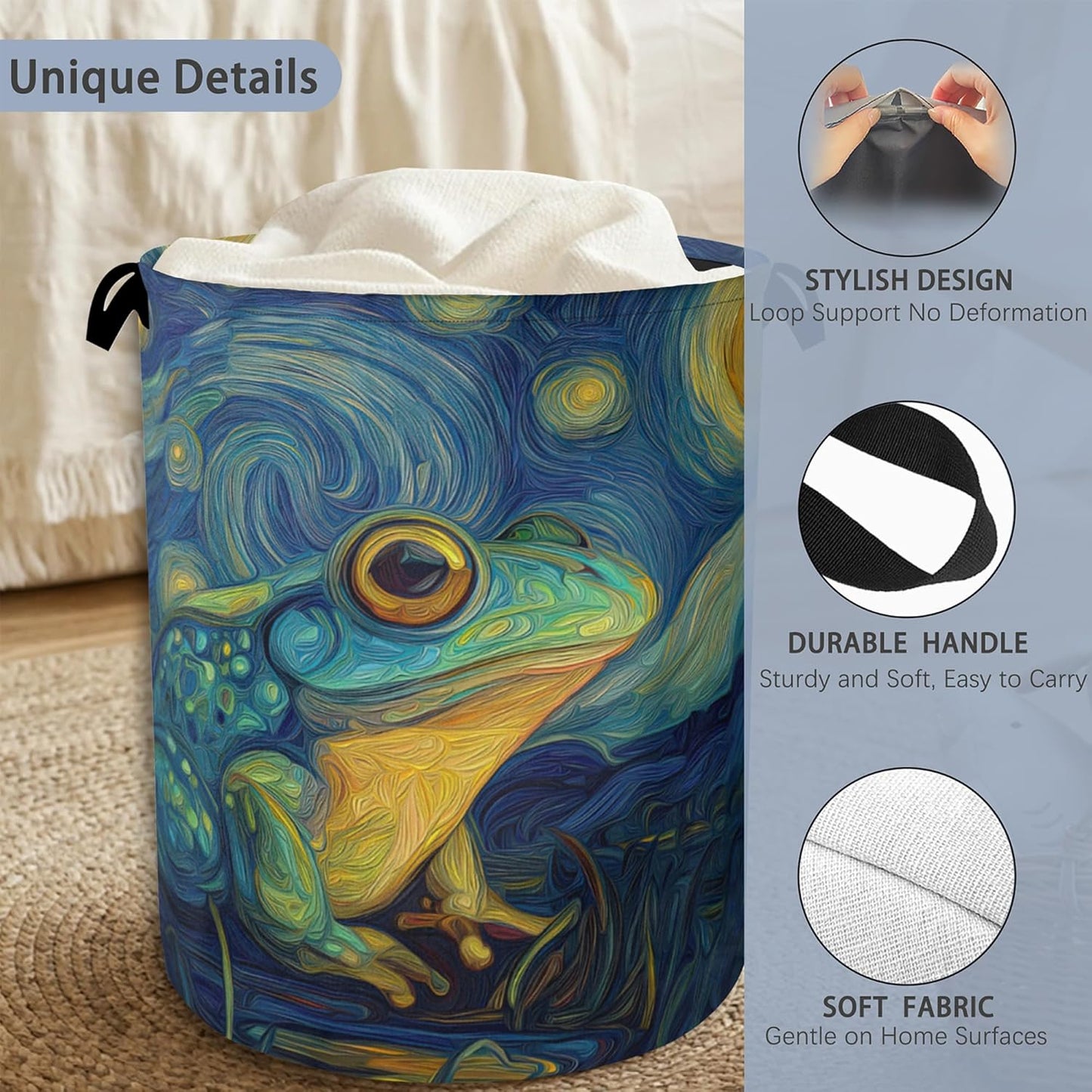 Frog Laundry Basket,Starry Night Moon Foldable Oxford Cloth Tote Bag Laundry Hamper Clothes Storage Bucket Organizer for Bedroom Laundry Storage Dormitories 16" x 20.8"