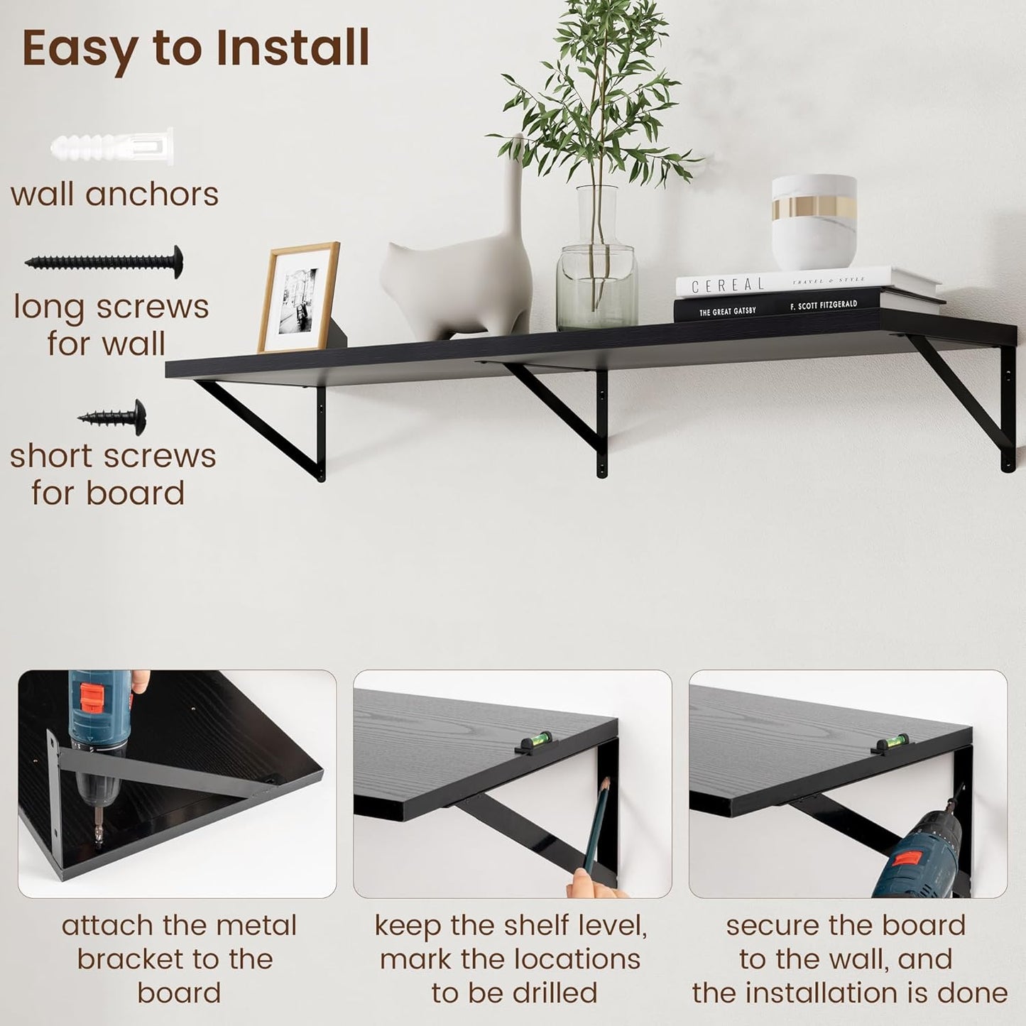 Axeman Floating Shelves for Wall Black- 48 Inch Wide x 12 Inch Deep Wall Shelves Set of 2 - Black Deep Wood Floating Shelves for Living Room Bedroom Laundry Room