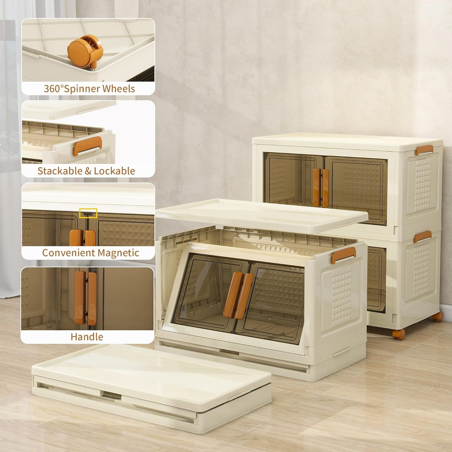 Plastic Stackable Storage Bins with Lids and Wheels, Foldable Closet Organizers and Storage Containers, Collapsible Clear Drawer Storage Cabinet with Doors White 90Gal