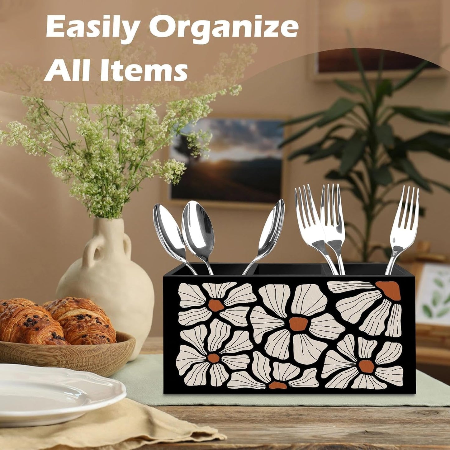 DILSJ Boho Abstract Floral Pen Pencil Holder Organizer for Desk, Boho Office Decor, Black and Beige Abstract Flower Wooden Box Signs for Home Office Desk Tabletop Decoration