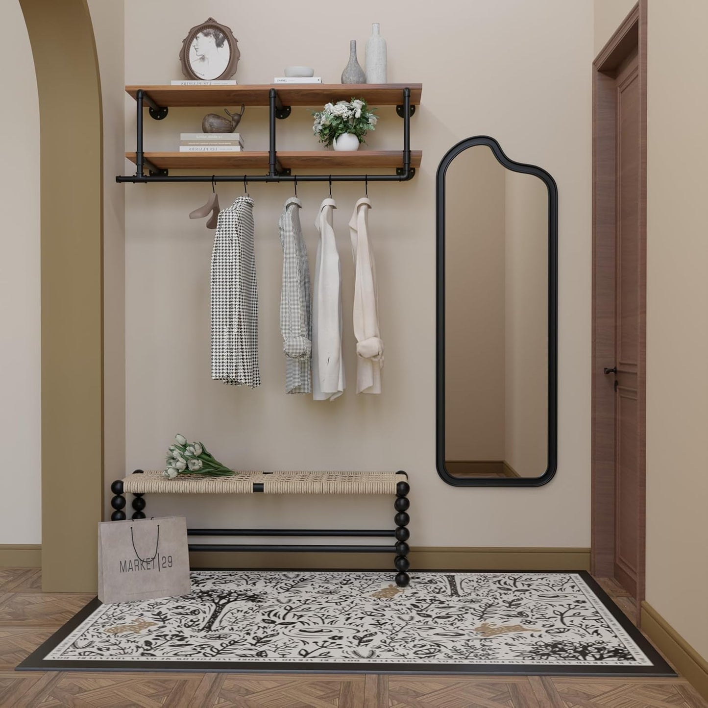 Wall Mounted Clothes Rack 12 Inch Deep, 48 Inch Heavy Duty Garment Rack with Real Brown Wood Shelf, Multi-Purpose Hanging Rod & Space-Saving Closet Storage Organizer