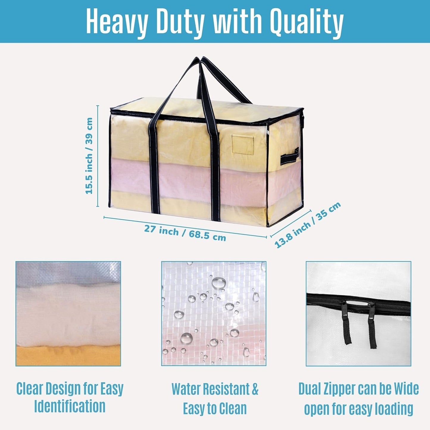 VENO 10 Pack Moving Bags, Moving Supplies, Moving Boxes, College Packing Storage Boxes with Lids Alternative, Heavy Duty Totes, Extra Large, Sturdy Handles, Zipper (Clear with Black Handles, 10 Pack)