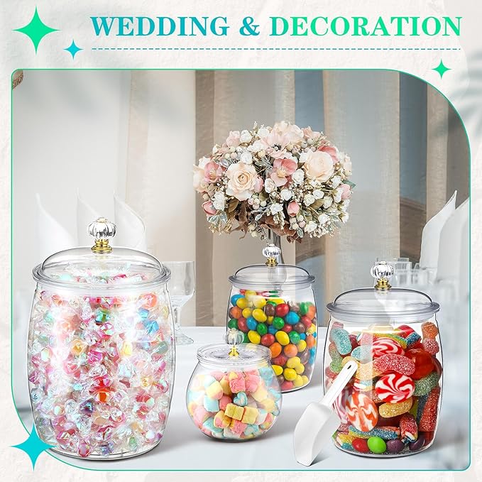 Nuogo 4 Pcs Plastic Candy and Cookie Jars with Lids Clear Cookie Container Candy Jars Large Airtight Apothecary Storage Organization for Wedding Home Kitchen Bar(30/42/64/128 oz)