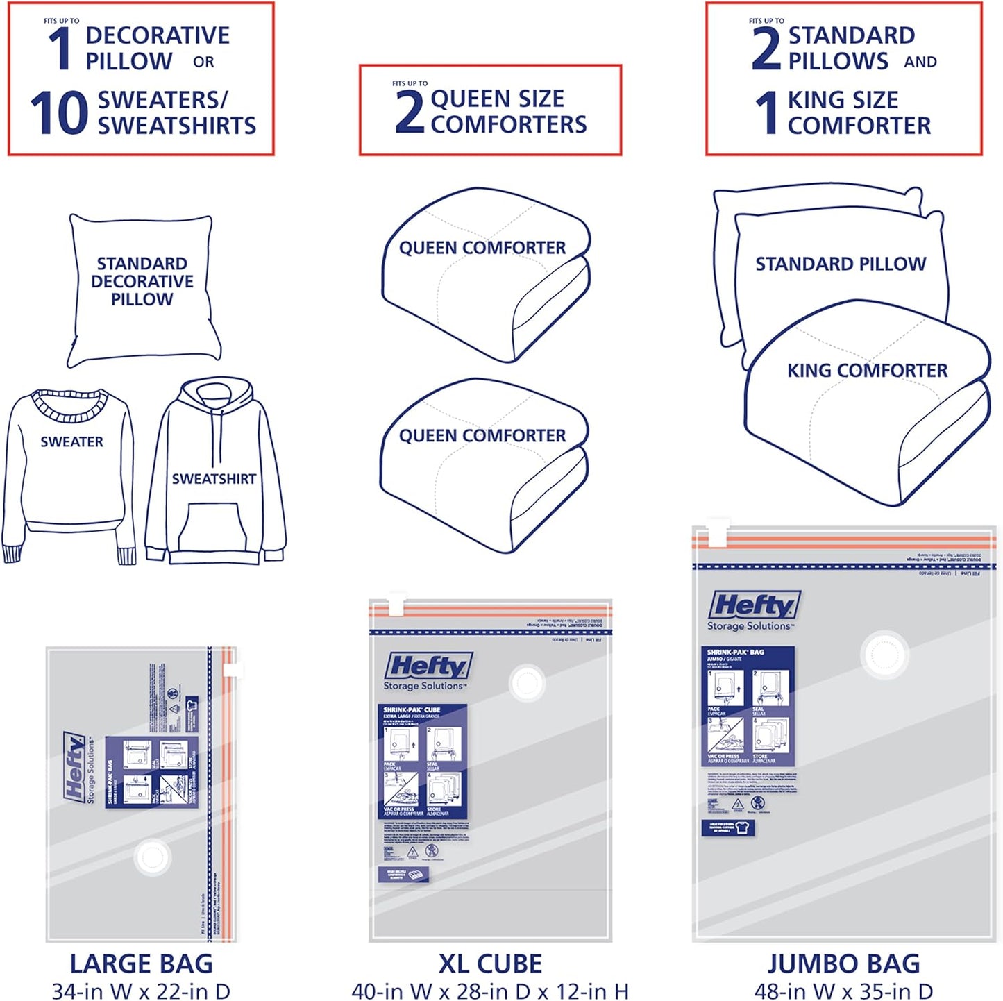 Hefty Shrink-Pak Starter Kit - 2 Large, 1 XL Cube, 1 Jumbo Vacuum Seal Storage Bag and Hand Pump – Space Saver Bags for Clothing, Pillows, Towels, or Blankets, 5 Pc Set