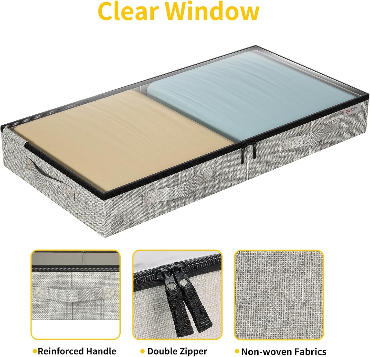 4.5 Inches Under Bed Storage Containers with Sturdy Sidewalls/Bottom and Reinforced Handles，Low Profile Underbed Storage for Clothes,Shoes,Pillows and Blankets with Zips and Clear Windows,4 Pack