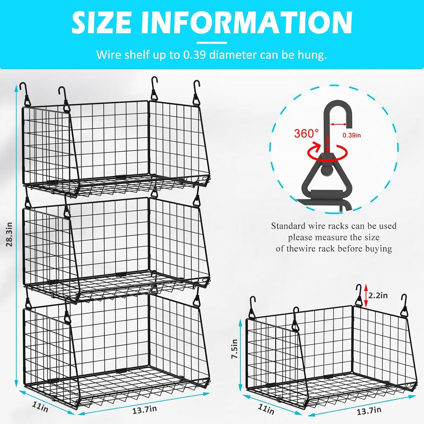 3-Pack Hanging Laundry Room Organizaton (No Shelve Included)：Foldable Laundry Wire Basket with 360°Rotating Hooks Small Space Organization Over Washer and Dryer Shelves, Closet Organizer, Black Patent