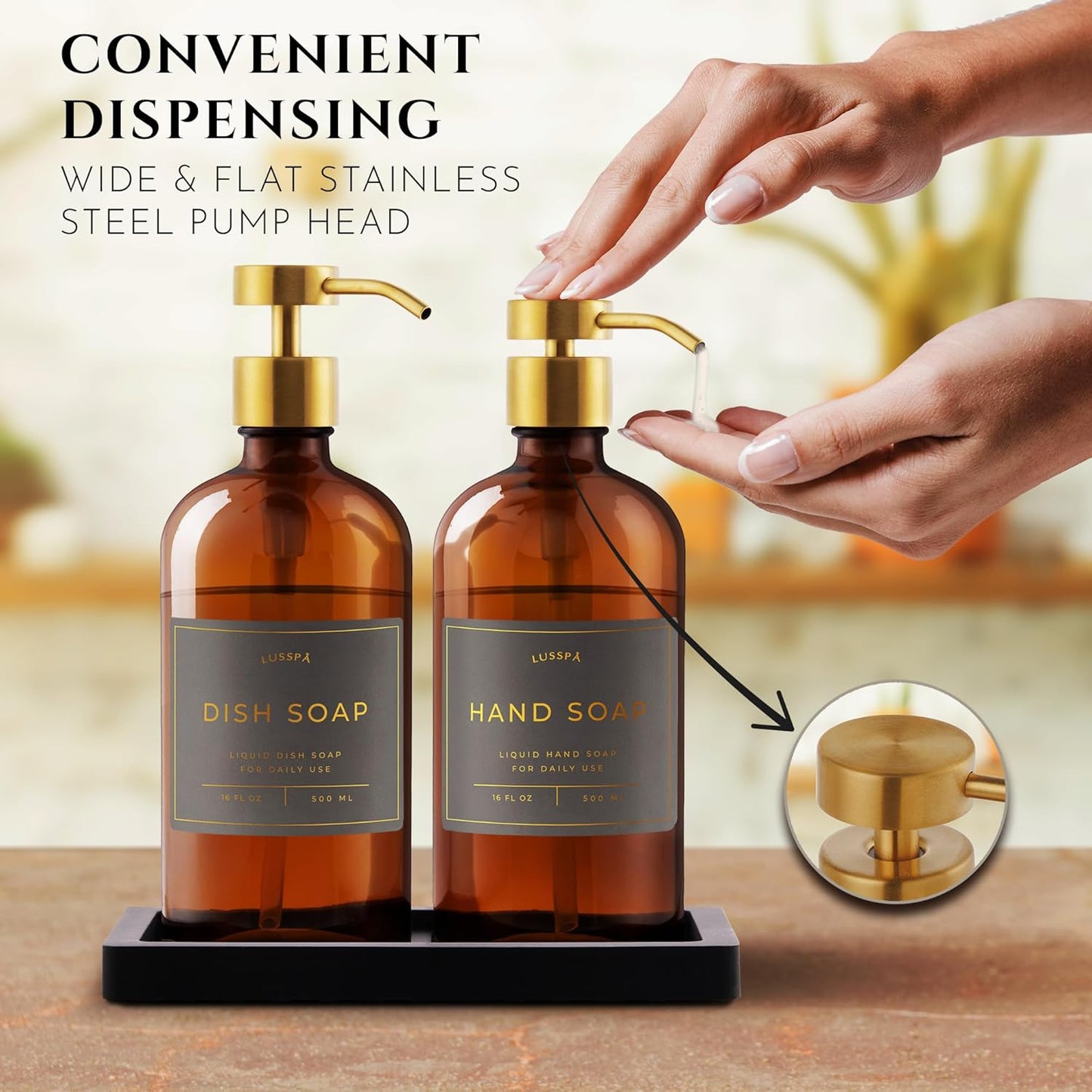 Lotion, Hand & Dish Soap Dispenser for Kitchen Sink - Bathroom Soap Dispenser Set of 2 16.8 Oz Glass Bottles with Stainless Steel Pump, 15 Water Proof Labels & Silicon Tray (Amber/Gold)