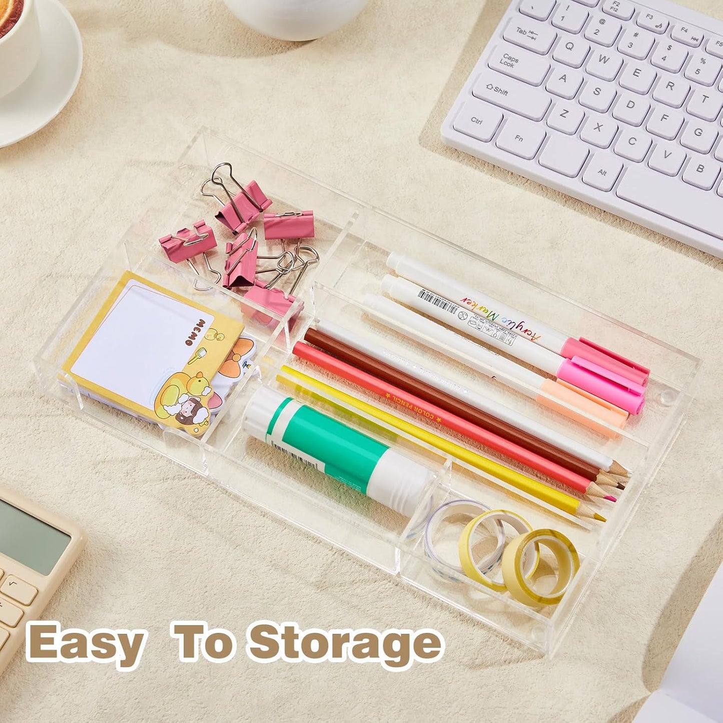 Acrylic Clear Desk Drawer Organizer 6 Section 11 x 6.1 x 1.38 Inch Storage Tray Organizer for Pens, Stationery, Desktop, Office, Bathroom, Kitchen, Makeup Supplies