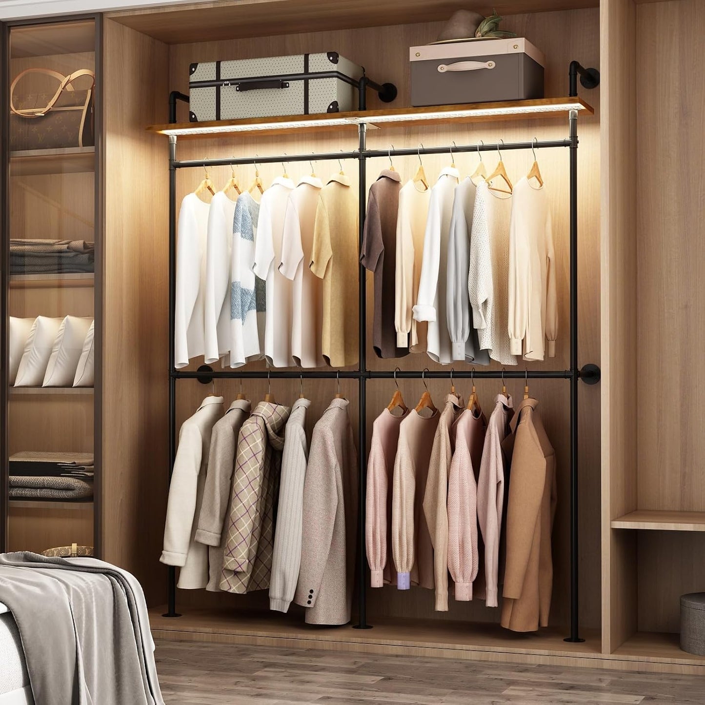 Industrial Pipe Clothing Racks with Shelves & LED Lights, 79" Wall Mounted Clothes Rack for Hanging Clothes, Heavy Duty Industrial Pipe Shelving for Walk-in Closet Storage, Black