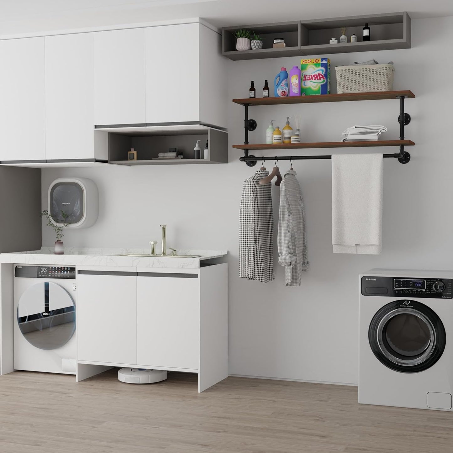 Clothes Rack 42in, 2 Tier Wall Mounted Garment Rack with Real Wood Shelf, Heavy Duty Hanging Clothes Rack, Multi-Purpose Hanging Rod, Space-Saving Closet Storage