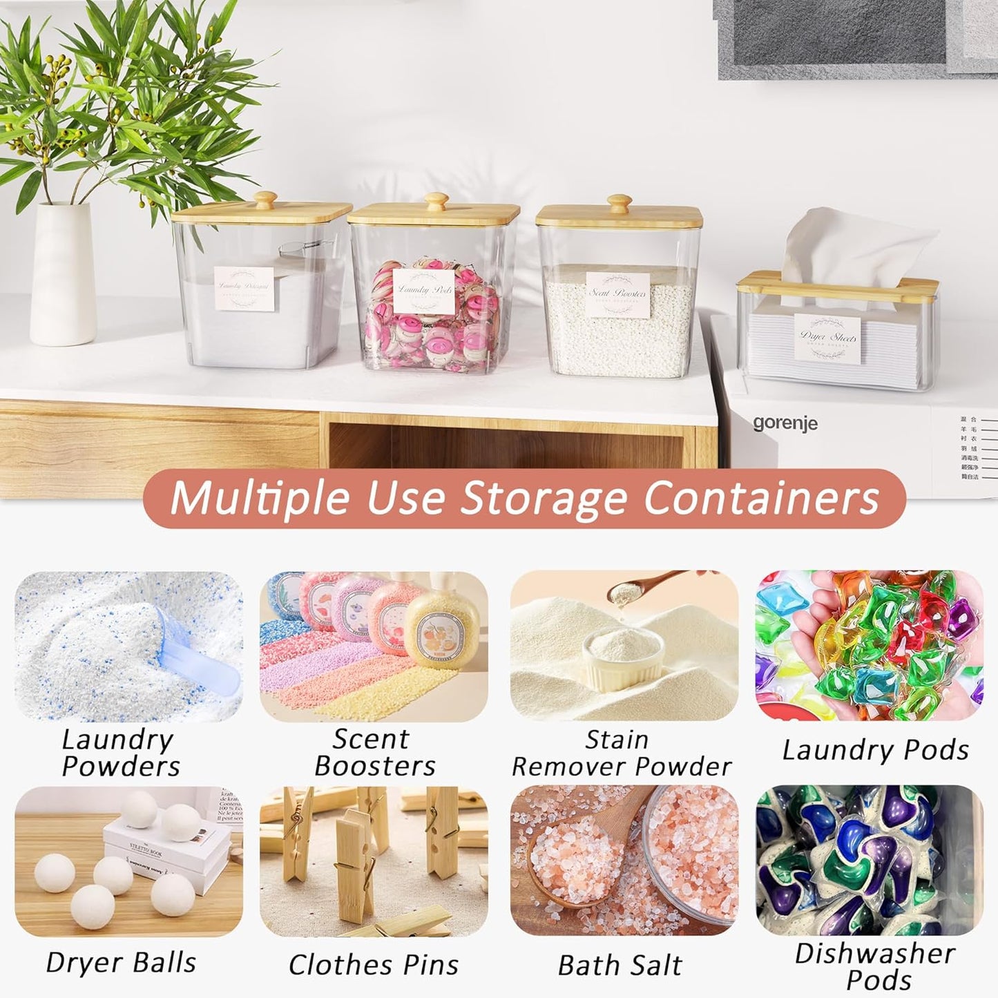 Laundry Room Organization and Storage, Laundry Pods Container and Dryer Sheet Holder with Bamboo Lids and Labels, Laundry Organizer with Scoops for Booster Beads, Powder, Pods, 3+1 Pack