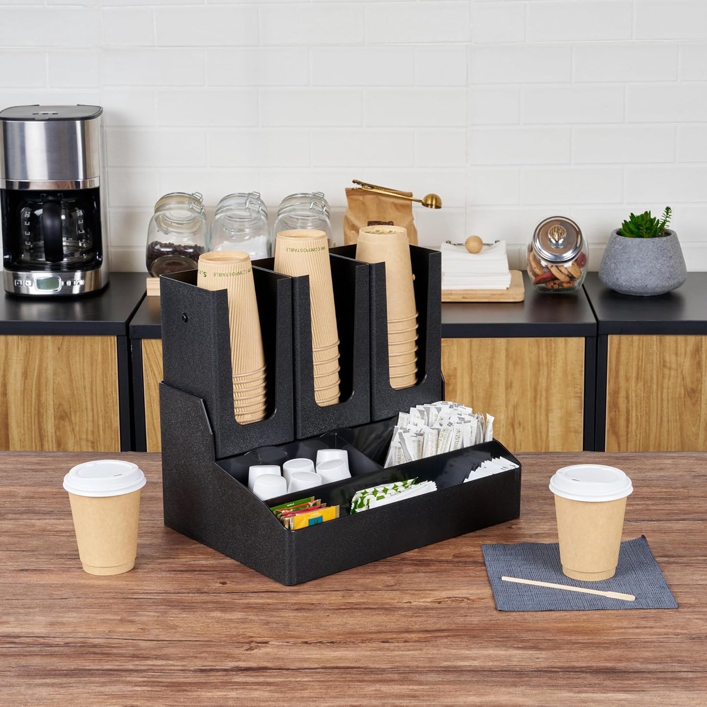 Restaurantware Restpresso Coffee Bar Organizer, 1 Count Durable 6 Compartments, Compact Size, Black Plastic Tabletop Coffee Supplies Organizer For Homes, Office Spaces, Breakrooms, and Lounges
