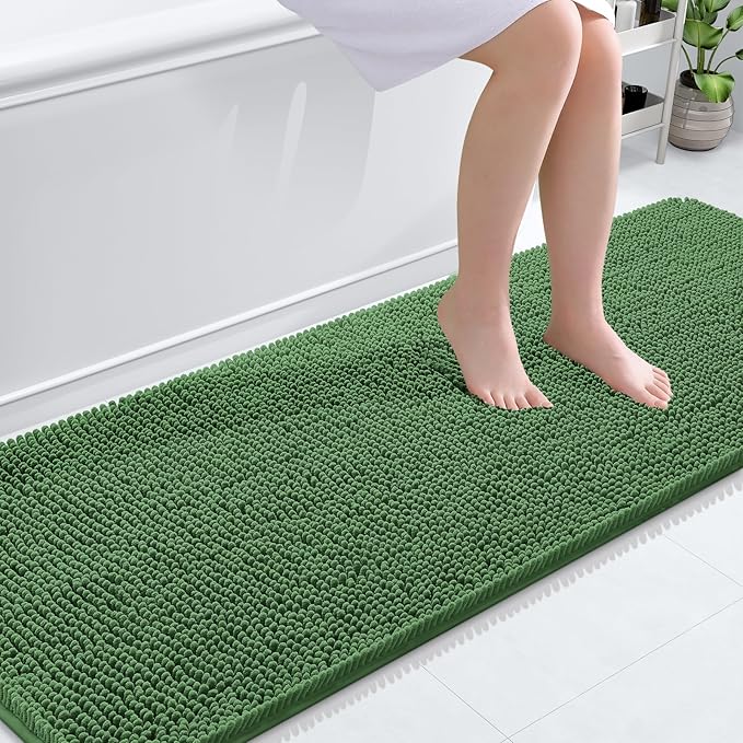 OLANLY Bathroom Rugs 70x24, Extra Soft Absorbent Chenille Bath Rugs, Rubber Backing Quick Dry, Machine Washable Bath Mats for Bathroom Floor, Tub and Shower, Home Decor Accessories, Olive Green
