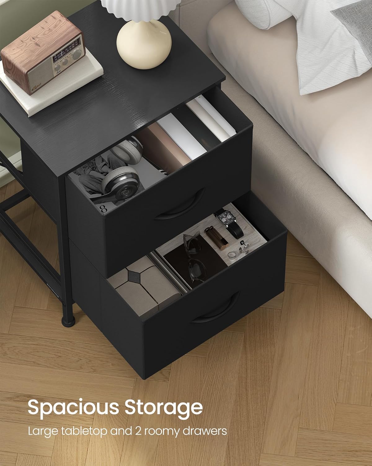 SONGMICS Dresser for Bedroom, Chest of Drawers, Nightstand, Steel, MDF, 2 Non-Woven Fabric Drawers, Storage Organizer Unit, Closet, Entryway, Ink Black and Ebony Black ULGS312B01S