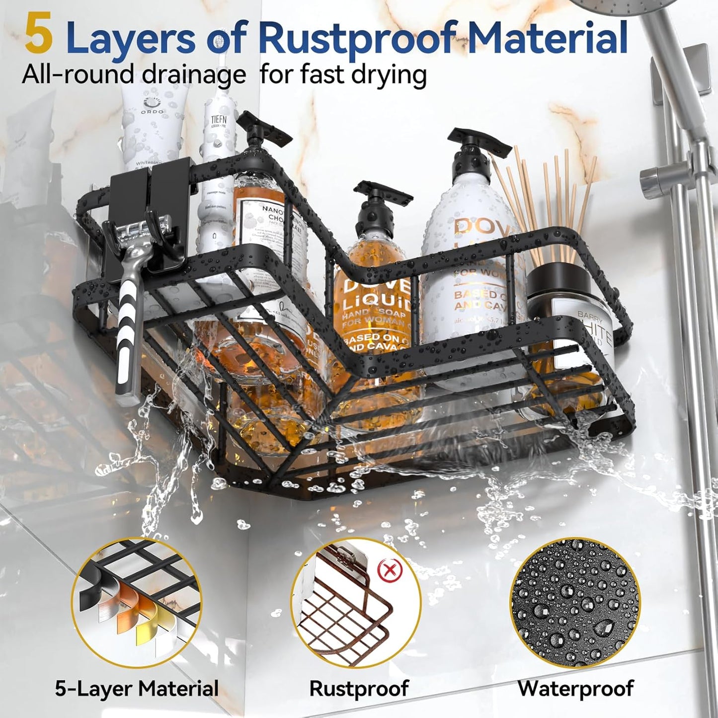 YASONIC Corner Shower Caddy, 5-Pack Adhesive Rustproof Stainless Steel Shower Organizer with Soap Holder, No Drilling Shower Shelf for Inside Shower, Dorm, Renters, Black